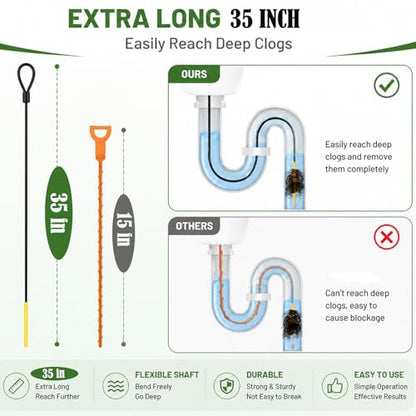 Drain Snake Hair Drain Clog Remover 35 Inch, 5 Pack Reusable Sink Snake Drain Hair Remover Tool, Anti-Break Metal Plumbing Snake Drain Cleaner for Bathroom, Bathtub, Shower, Kitchen Sink
