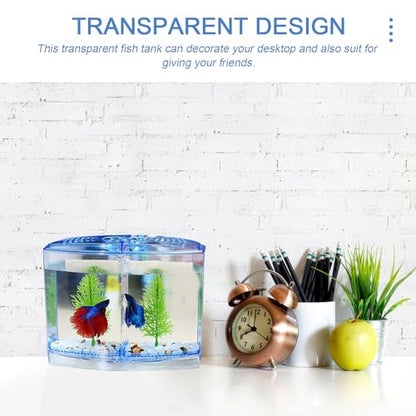Mipcase Acrylic Mini Fish Tank Transparent Desktop Aquarium 7.08 X 5.51 X 3.54 in Small Breeding Tank with 2 Luminous Aquatic Plants for Goldfish Home Decor Bedroom Porch Desk