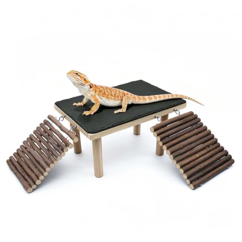 Bearded Dragon Basking Platform with Climbing Ramp,Reptile Basking Rock (L) | Wooden Lizard Resting Platform Basking Rock Slate,Leopard Gecko Hide Cave Tank Accessories for Tortoise Snake - size: L: 11.8" x 7.9" x 4.56"