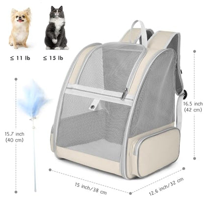 Cat Backpack Carrier, Large Pet Carrier Backpack with Kitten Wand Feather Toy for Medium Small Dog Cat Puppy Kitty Bunny up to 15lbs, Ventilated Mesh Kitten Bookbag for Travel Walking Outdoor (Beige) - color: Beige