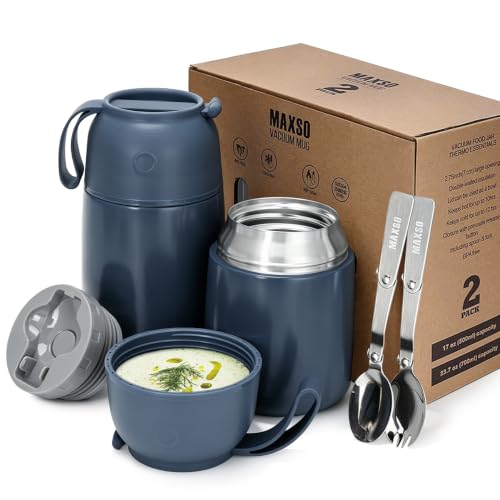 MAXSO 2 Pack Soup Thermo for Hot & Cold Food for Kids Adults, Vacuum Insulated Food Jar Thermal Lunch Containers, Travel Food Flask with Spoon (24 oz,17 oz) (Dusty Blue) - color: Dusty Blue