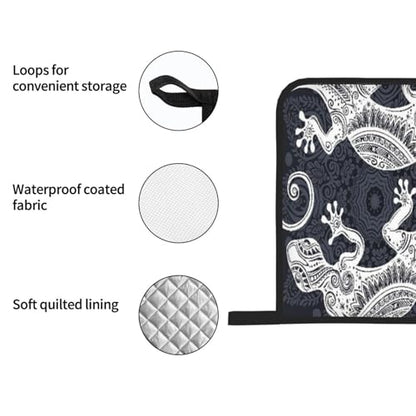 Gecko Lizard Abstract Reptile Animal Herpetology1 4-Piece Oven Mitts and Handle Covers Set - Heat Resistant Baking Gloves for Kitchen BBQ Grilling