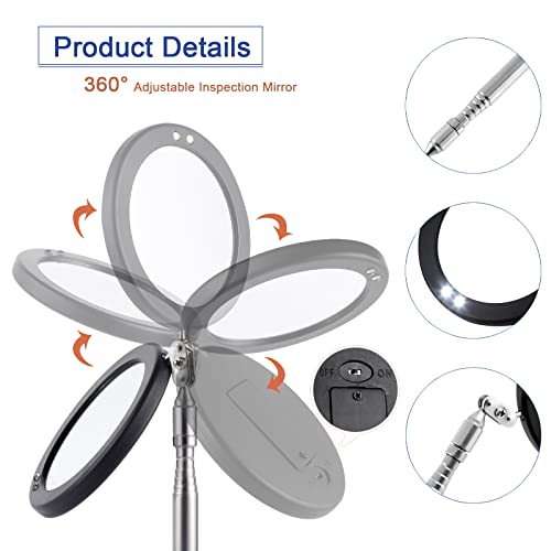 Telescoping Inspection Mirror LED Light with Large 3.75 Inches Round Mirror, 39.4 Inches Extendable, Flexible 360 Swivel, for Inspection Viewing, Mechanic Checking, Observation - style: 3.75" Round
