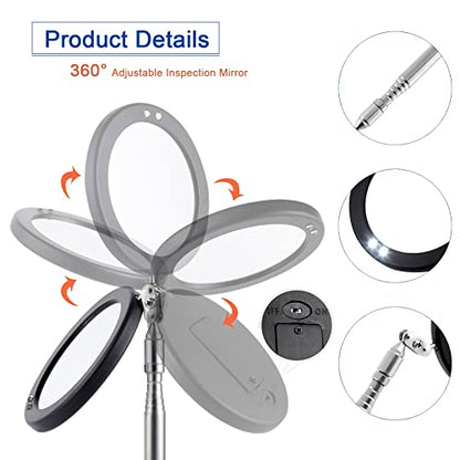 Telescoping Inspection Mirror LED Light with Large 3.75 Inches Round Mirror, 39.4 Inches Extendable, Flexible 360 Swivel, for Inspection Viewing, Mechanic Checking, Observation - style: 3.75" Round