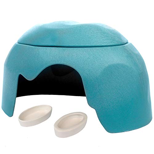 Reptile Hideout Cave Box with 2 Ceramic Sinks Fit for Snakes Lizards Chameleons Tree Frogs Geckos Small Tortoises and Other Small Reptiles (Blue) - color: Blue