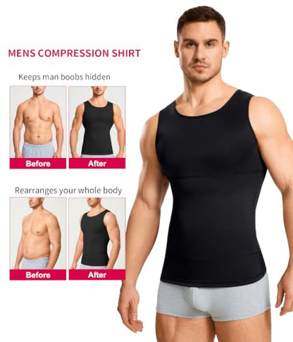 Gotoly Men's Compression Shirt Shapewear Slimming Body Shaper Vest | Man boobs slimming, double-layer tummy control, seamless round neck, invisible under fitted tees, 4-way stretch fabric - color: Black, size: Small