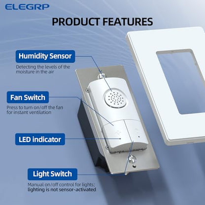 ELEGRP Dual Combination Humidity Sensor Switch with Light Control, Exhaust Fan Automate Ventilation, Moisture Control, Air Circulation for Bathroom, Ground Wire Required, Single Pole, White, 1 Pack - style: Fan & Light Control