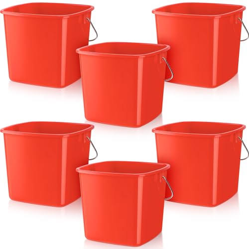 Zhehao 6 Pcs 3 Quart Bucket for Cleaning Small Sanitizer Bucket for Restaurant Square Plastic Pail with Handles for Home, Offices, Commercial Use, Food Service(Red) - color: Red
