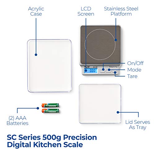 American Weigh Scales SC Series Precision Digital Kitchen Weight Scale, Food Measuring Scale, 2kg x 0.1g (Silver), AMW-SC-2KG (500g x 0.01g) - size: 500g x 0.01g