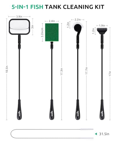 Aquarium Algae Scraper Small Fish Tank Cleaner for Glass Algae Scrubber Set | 5in1 Aquariums Cleaning kit with Seaweed Scraper, Flat Sponge, Fish Net, Clean Brush, Tube Brush for Freshwater turtle Tanks