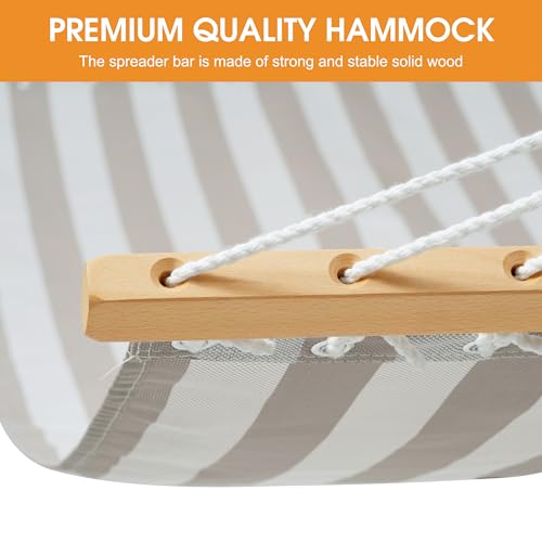 Lazy Daze Double Textliene Quick Dry Hammock with Spreader Bar for Outdoor | 11 Ft Hammock for 2 Person, Weather Resistant Fabric, 450 Lbs Capacity, Hammock Bed 78 x 55 In with Carabiners, Chains - color: Beige White Stripes