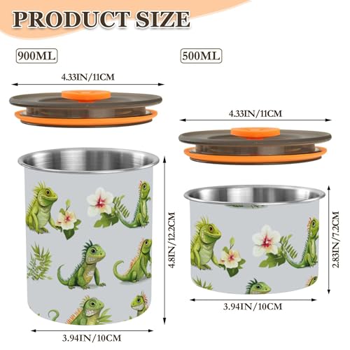 Food Storage Containers With Lids Stainless Steel Storage Containers For Snacks Candy Stackable Push Button Seal Container 30oz Cartoon kawaii-style Green Iguana Reptile Gray