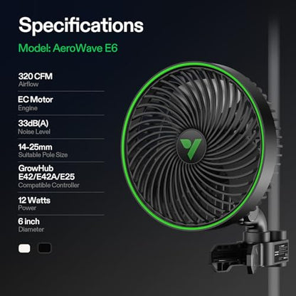 VIVOSUN AeroWave E6 Gen2, Grow Tent Clip Fan 6”, EC Motor, Smart Control, Powerful Oscillating Fan, Local Timer, Weatherproof IP54, for Hydroponics Circulation Cooling, Black | EC Motor, Smart Wifi Control, Local Timer, Weatherproof IP54, Strong Airflow b