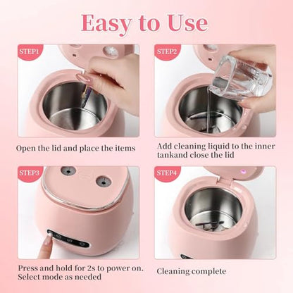 BQAN Rechargeable Nail Tool Cleaner, 3 Timers Mode Jewelry Cleaner, Portable 200ML Cleaning Machine for Nail Art Brushes, Drill Bits, Rings, Jewelry Home and Salon Use(Pink) - color: Pink