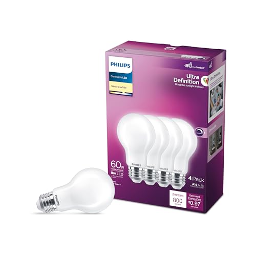 PHILIPS A19 Ultra Definition Frosted Dimmable LED Light Bulbs - Flicker-Free 60w Light Bulbs with EyeComfort Technology - Daylight 3500K Lightbulb - 800 Lumen - E26 Base - 4 Pack