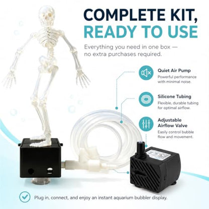 Dancing Skeleton Aquarium Bubbler with Quiet Air Pump, Complete Fish Tank Bubbler Decorations Kit, Adjustable 3D Printed Skeleton Fish Decor for Family-Use，Without Pump
