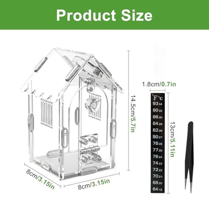 Jumping Spider Enclosure, Acrylic Terrarium with Magnetic Front Door, Includes Tweezers and Aquarium Thermometer Strip, Habitat for Mantis, Arboreal Tarantulas & Snails