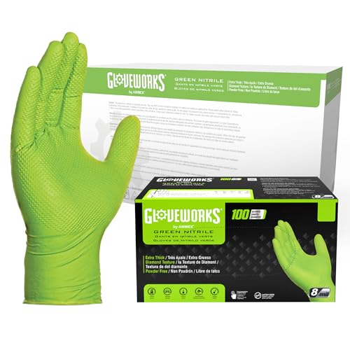 GLOVEWORKS Green Nitrile Gloves 8 Mil Heavy Duty Texture Chemical Resistant | Mechanic and Cleaning Gloves, Suitable for Heavy Duty Industrial Use, Chemical Resistant, HIgh-Visibility Color, Bulk Options - size: Medium, style: Case of 1000