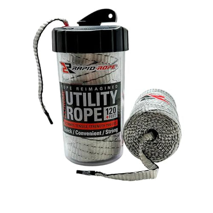 Rapid Rope Canister, 120ft White Tactical Paracord, 1100lb Test, USA Made | Heavy Duty Poly Rope Test Cord, Non-Tangle Dispenser Included, For Hiking, Camping, Survival, Utility, Stocking Stuffer, Gift - size: 120ft, style: White