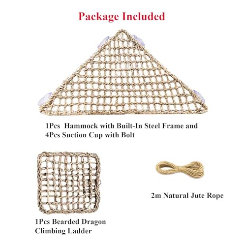 Triangle Bearded Dragon Hammock with Built-in Steel Frame, Flat Stable Corner Reptile Hammock, Handwoven Seagrass Lizard Bed & Climbing Ladder for Reptile Tank Accessories