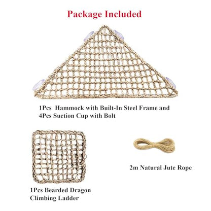 Triangle Bearded Dragon Hammock with Built-in Steel Frame, Flat Stable Corner Reptile Hammock, Handwoven Seagrass Lizard Bed & Climbing Ladder for Reptile Tank Accessories