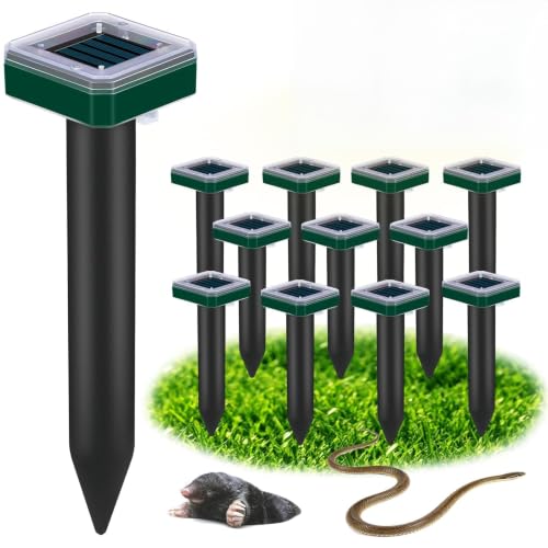 Tirgo 12 Pack Snake Repellent for Yard Mole Repellent Solar Powered Stakes | Ultrasonic Rodent Gopher Groundhog Deterrent Outdoor Waterproof for Lawns Vegetable Garden Animal Pest Repeller, Pet Safe