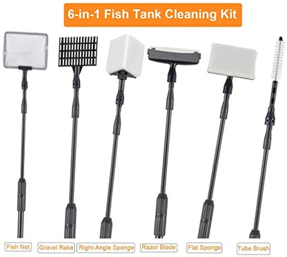hygger Fish Tank Cleaner 6 in 1 Aquarium Cleaning Tool Kit Al-gae Scraper Scrubber Pad Sponge Tube Brush Gravel Rake Fish Net Telescopic Handle for Saltwater Freshwater