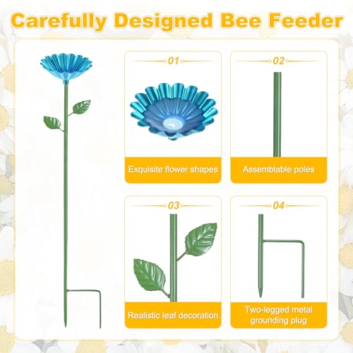 M METERXITY 4-Pack Bee Watering Station, 64cm/25 Inch Iron Bee Bath for Garden Water Feeder, Colorful Butterfly Bath Bowl for Outdoor/Garden/Yard Decor [Blue/Yellow] - color: Blue, yellow