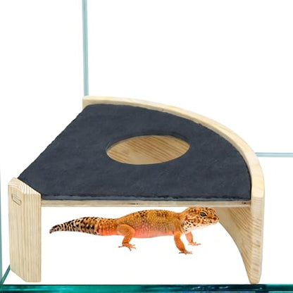 Natural Slate Reptile Basking Platform, 7.7-Inch Corner Terrarium Shelf with Climb-Through Opening for Leopard Geckos, Small Lizards and Hermit Crabs