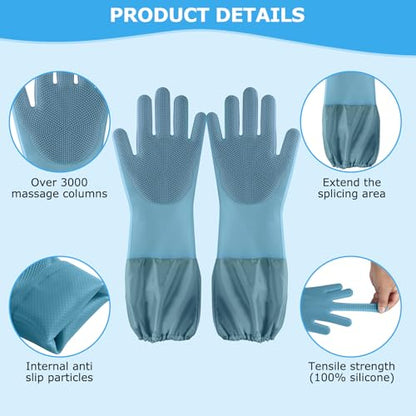 Dog washing gloves | Pet grooming gloves | Extra Long Arms 17.3in,hazy blue | This pet hair removal glove is made of thickened waterproof silicone and features scratch and bite resistance. - color: hazy blue