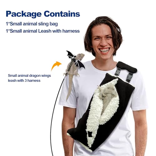 Adjustable Fluffy Bearded Dragon Sling Carrier Bag, Reptile Carrier with Leash Harness Lizard Cage Accessories for Small Animal, Ferrets, Squirrel, Hamsters,Parrot (Black) - color: Black