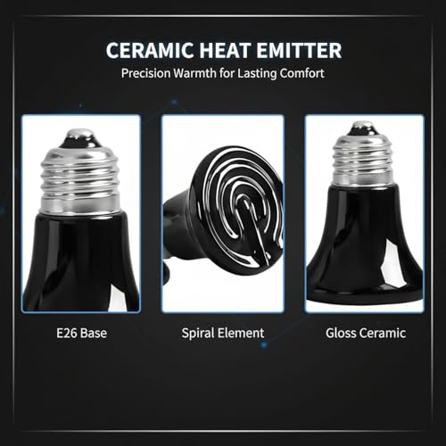 2 Pcs Mini Ceramic Heat Emitter, 75W Reptile Heat Lamp, Infrared Brooder Coop Heater, No Light Emitted, E26 Socket, Safe Heating Bulb for Pet, Chicken, Lizard, Turtle