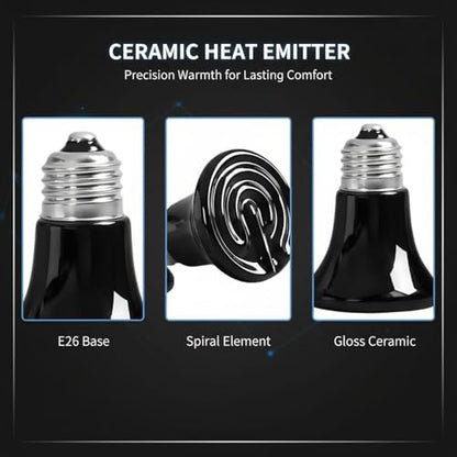 2 Pcs Mini Ceramic Heat Emitter, 75W Reptile Heat Lamp, Infrared Brooder Coop Heater, No Light Emitted, E26 Socket, Safe Heating Bulb for Pet, Chicken, Lizard, Turtle