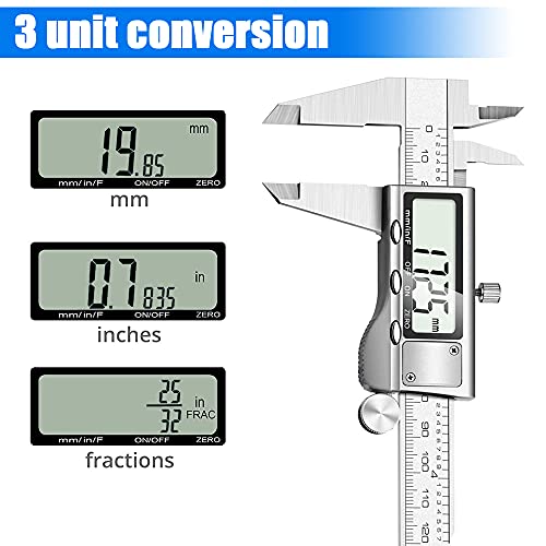 Digital Caliper Measuring Tool, Stainless Steel Vernier Caliper Digital Micrometer with Large LCD Screen, Easy Switch from Inch Metric Fraction, 6 Inch Caliper Tool for DIY/Household