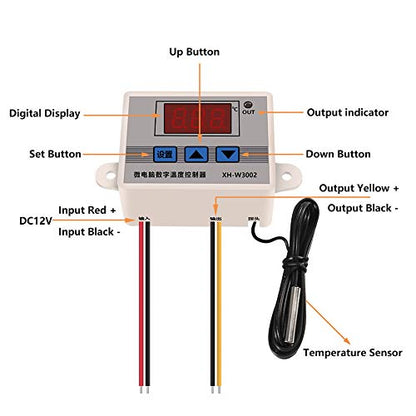2PCS XH-W3002 Digital Temperature Controller -50 to 110 °C Programmable Heating Cooling Thermostat LED Display Thermostat Control Switch and NTC 10K Thermistor Sensors with Waterproof Probe