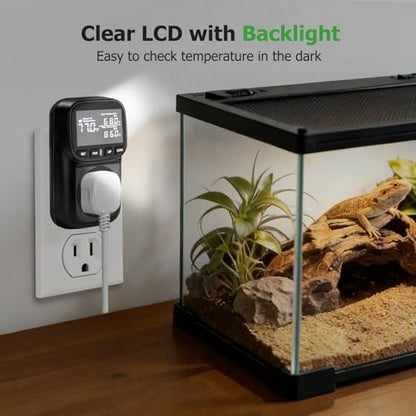 Reptile Thermostat Temperature Controller, Digital Timer Outlet for Greenhouse, Reptile Tank, Heat Pad, Seedlings, Fermentation, Brewing, Cyclic Timing/Countdown, 15A/1800W, VA Display - color: Black, size: Black