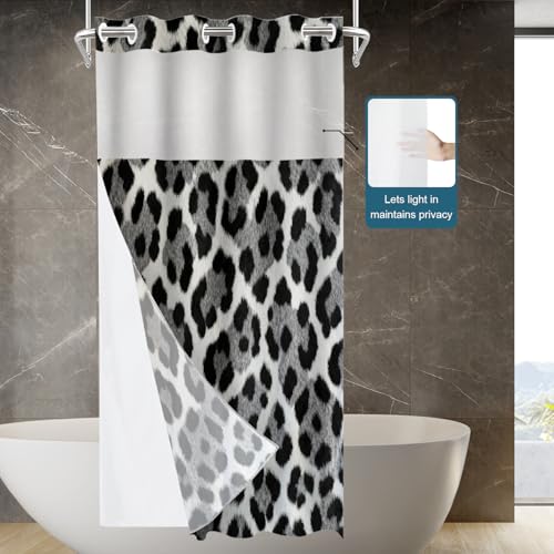 Pink Leopard Print No Hooks Shower Curtain with Snap in Liner Set, Animal Nature Cat Wildlife Fur Tub Curtainn Mesh Top Window & Magnetic Hem Waterproof 35.5X74 Inch - color: Animal Leopard Print Black2, size: 35.4"W x 74"L (Pack of 1)