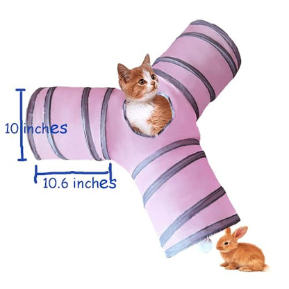 3-Way Collapsible Cat Tunnel Tube Toy Pink — Interactive Play Tunnel with Hanging Ball & Peek Hole for Indoor Cats, Kittens, Puppies & Rabbits | Hours of Fun & Exercise - color: Pink