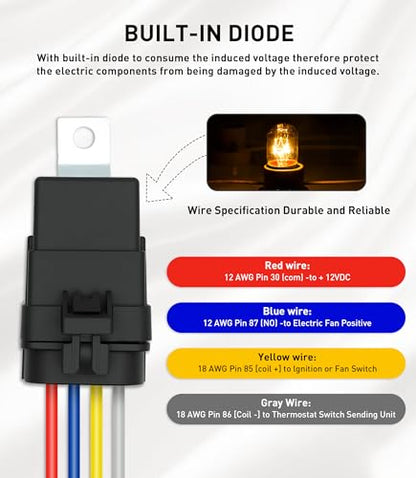 12V Electric Fan Wiring Kit Electric Fan Relay Kit with Thread-in Temperature Probe 185 On 175 Off, Electric Cooling Fan Thermostat Kit, 40 AMP Tinned Copper Waterproof Relay Kit for Cars - style: Tinned Copper Waterproof Relay Kit for Single Fan