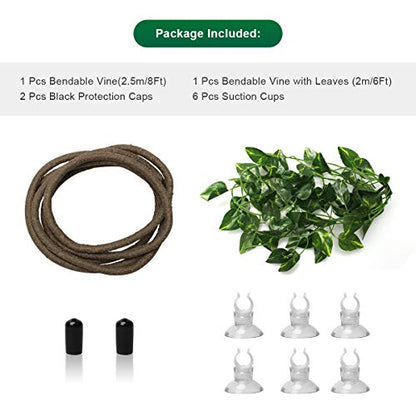 Coolrunner 8FT Reptile Vines and Flexible Reptile Leaves | with Suction Cups Jungle Climber Long Vines Habitat Decor for Climbing, Chameleon, Lizards, Gecko