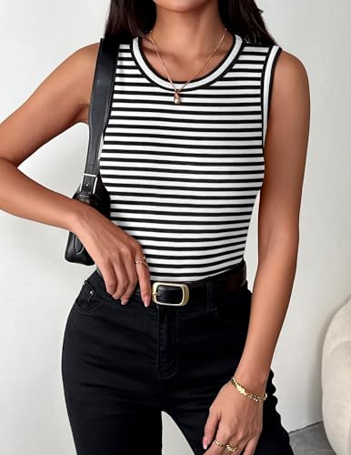 Zeagoo Womens Sleeveless Crewneck Ribbed Tank Tops Casual Basic Summer Top | Cute Going Out Shirts, Slim Fitted Women Tops, Racerback Top Shirt Clothes, Dressy Casual Fashion Clothing - color: A - Stripe Black White, size: Large