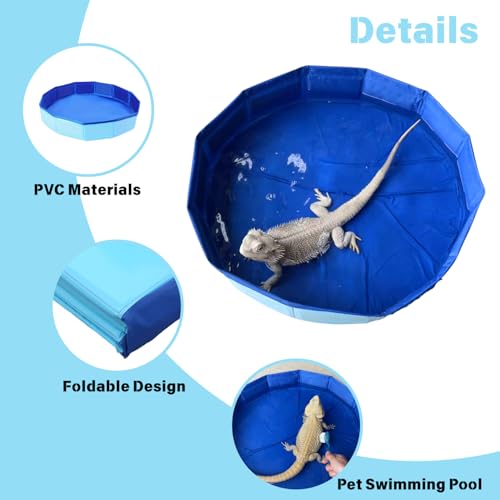 Foldable Bearded Dragon Bathtub with 2Pcs Reptile Mini Swimming Rings & Pump and 1Pcs Soft Brush, Bearded Dragon Accessories, Small Pet Bath Accessories (Blue) - color: Blue