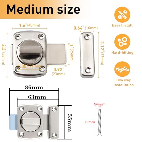 Alise Slide Bolt Latches,Medium Size Double Sided Rotate Lock for Cabinet | Rotary Switch Lock,Brushed Finish Heavy-Duty Gate Latch For Shed Door,Pet House, Wardrobe - color: Brushed, size: Medium Size