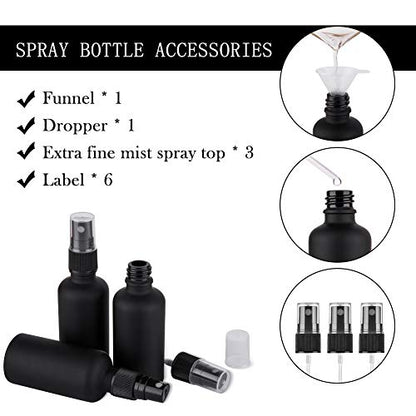 2oz Frosted Black Glass Spray Bottles for Essential Oils, Set of 3 | Small, Travel, Mini, Empty, Fine Mist, for Facial, Cosmetic, Perfume, Hair Care, Room, Refillable, Leakproof, UV protection - color: Frosted Black