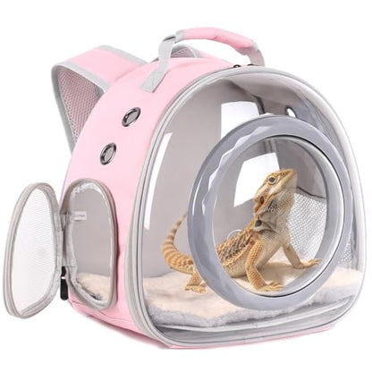 WEVONIGU Bearded Dragon Backpack Carrier with Clear Bubble Dome Window Large Space & Breathable Travel Cage with Soft Mat Airline Approved - color: Pink, size: 8.0"L x 7.0"W x 5.0"H