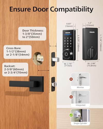 Philips Wi-Fi Smart Door Lock, Fingerprint Door Lock | APP Remote Unlock, Alexa Google Voice, 100 User Codes, Anti-Peep, Backlit Touchscreen, Waterproof, Includes 8 Batteries - color: Matte Black