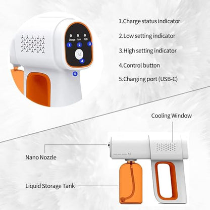 Professional Fogger Machine, 380ml Wireless Nano Sprayer Gun | Rechargeable ULV Atomizer with Blue Light for Touchless Cleaning - color: Orange