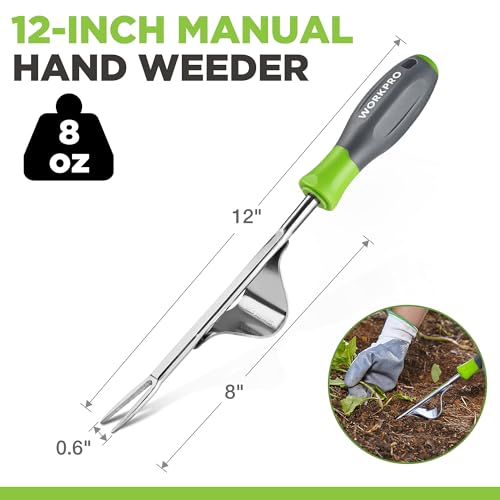 WORKPRO Weed Puller Tool, Metal Leverage Base and V-Shaped Forks | Heavy Duty Stainless Steel with Soft Handle for Easy Weed Removal and Deeper Root Digging, Manual Hand Weeder for Gardening
