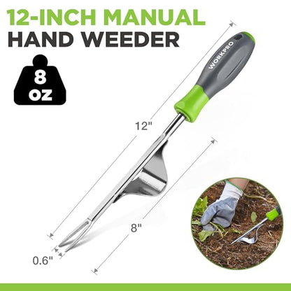 WORKPRO Weed Puller Tool, Metal Leverage Base and V-Shaped Forks | Heavy Duty Stainless Steel with Soft Handle for Easy Weed Removal and Deeper Root Digging, Manual Hand Weeder for Gardening