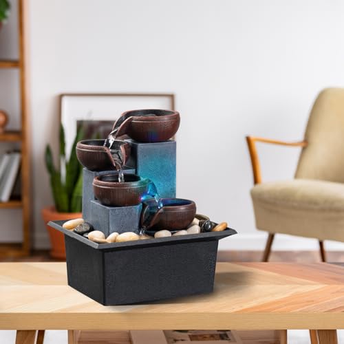 Tabletop Fountain 4 Level Small Waterfall Fountain Indoor Relaxing Water Feature Meditation Fountain for Home Office Bedroom Decoration Including LED Lighting Natural Rocks as Festival Gifts
